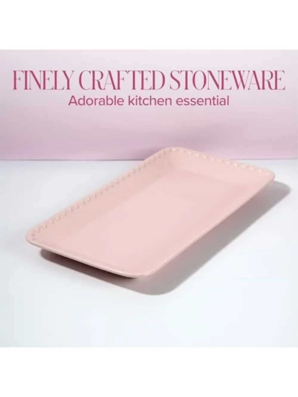 Pink Rectangle Ceramic Serving Platter Tray with Embossed Hearts, 15x8-Inch